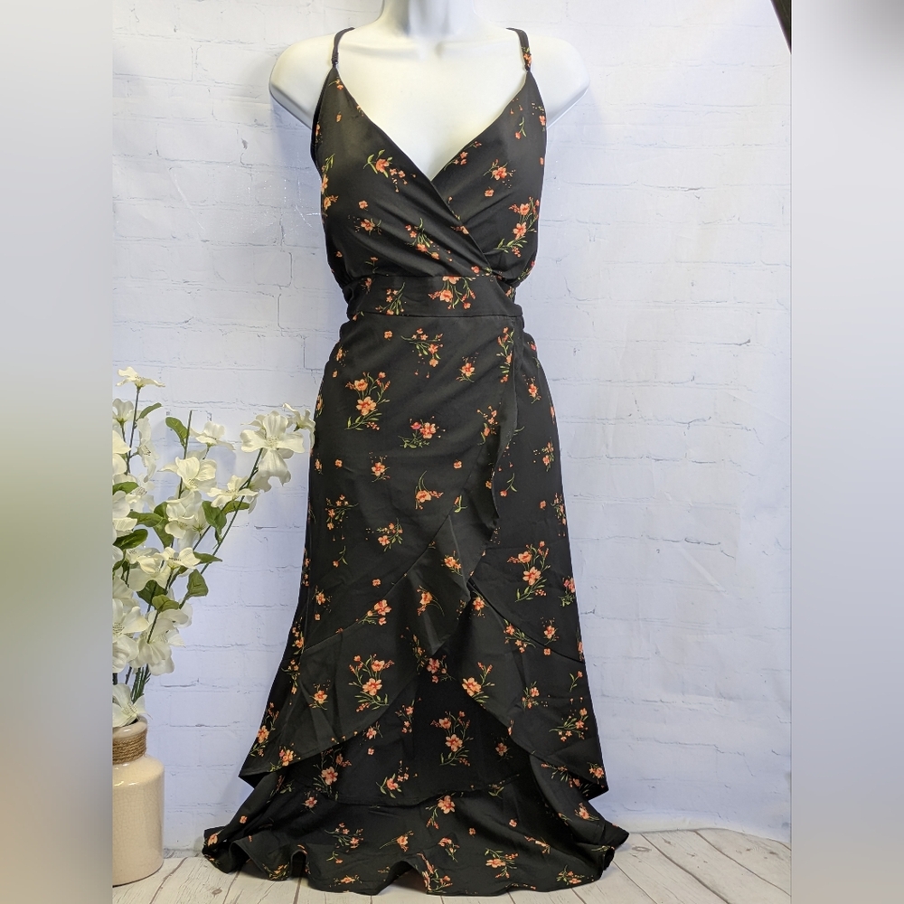 No Boundaries Black and Orange Sleeveless Wrap Sundress